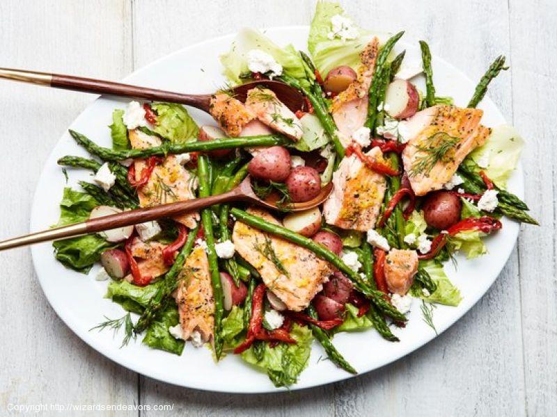 Lemon-Roasted Salmon with Escarole, Asparagus, and Potatoes